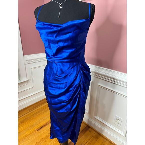 Amanda Uprichard Jasalina Dress in Branson Blue Large Satin Backless Cross Strap - Picture 6 of 10